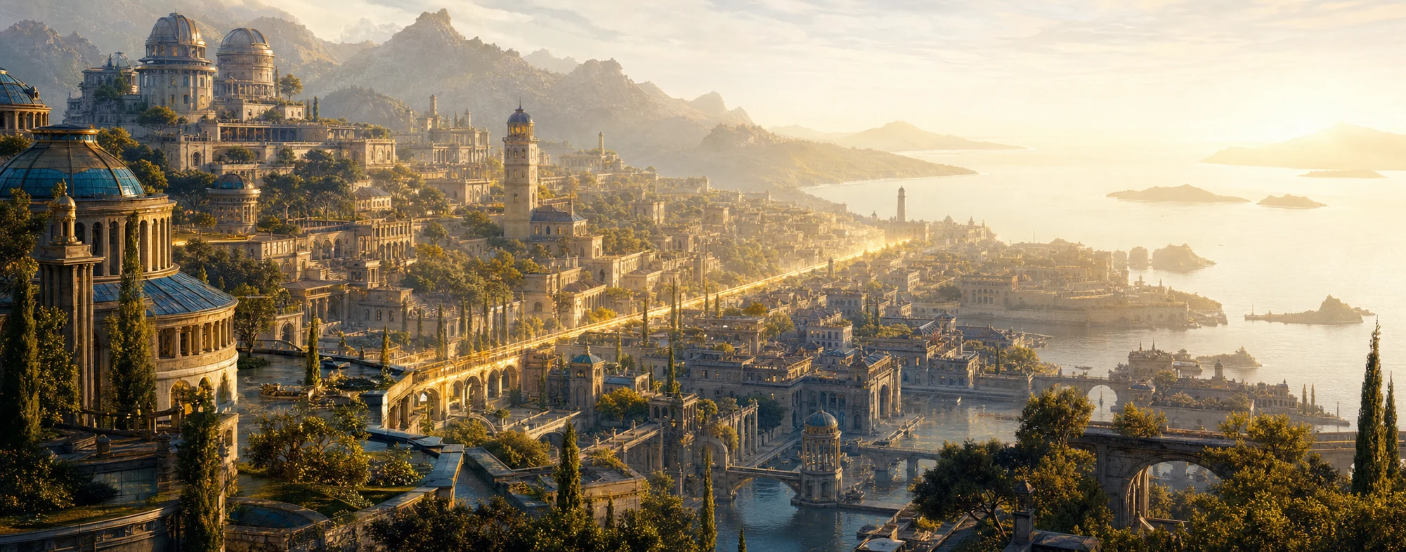 An ancient coastal civilization illuminated at dawn